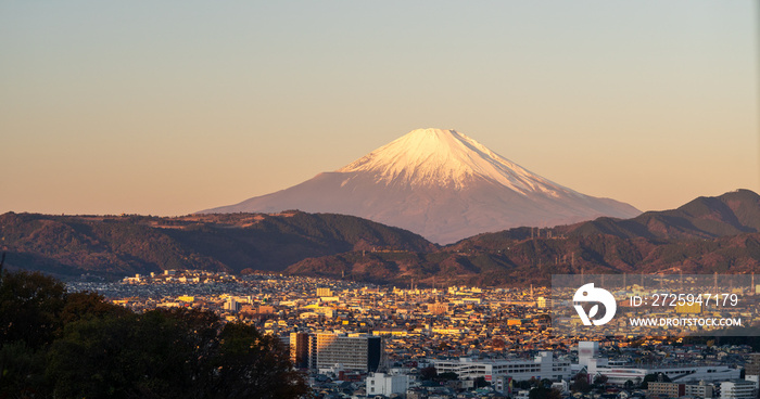 朝の富士山と街並み