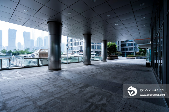 Modern city square platform and city skyscraper.