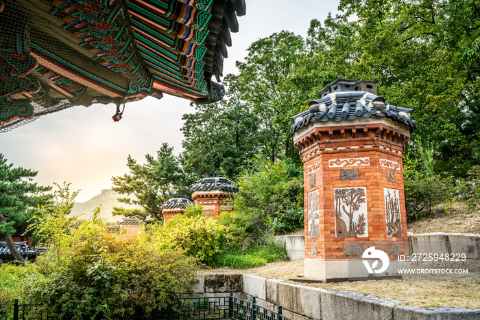 Ondol Chimneys in Amisan terraced garden of Gyeongbokgung palace Seoul South Korea