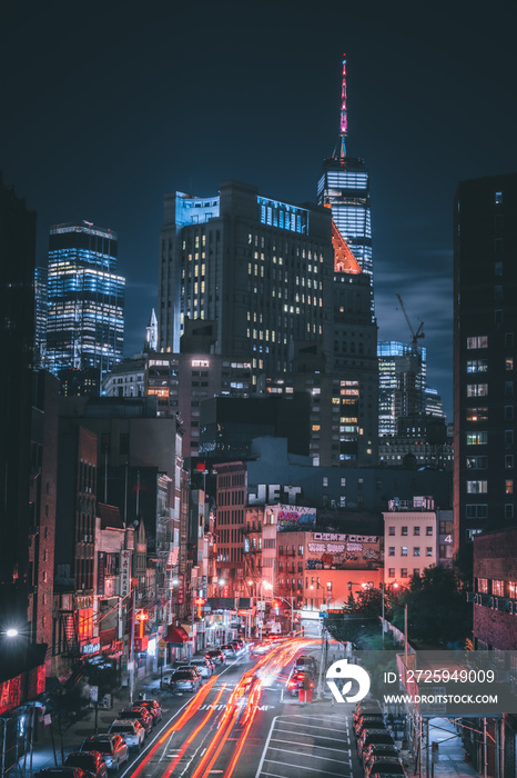 city skyline at night New York buildings 