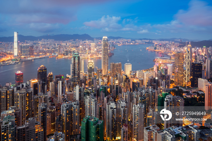 Hong Kong in Kowloon area skyline view from Victoria Peak in Hong Kong. Asian tourism, modern city l