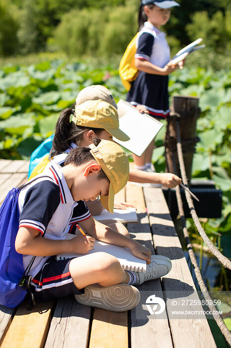 快乐的小学生在户外写生