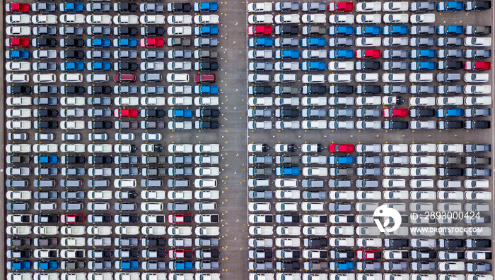 Aerial view new cars parking for sale stock lot row, New cars dealer inventory import export busines