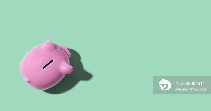 Pink piggy bank overhead view - flat lay