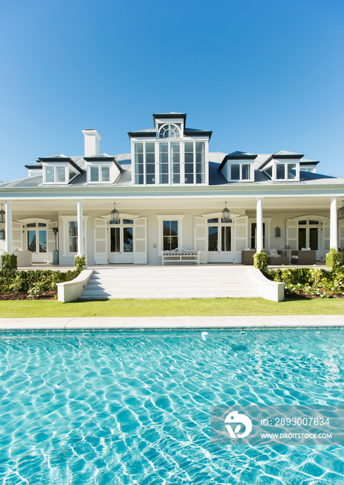 Sunny swimming pool and luxury home showcase exterior