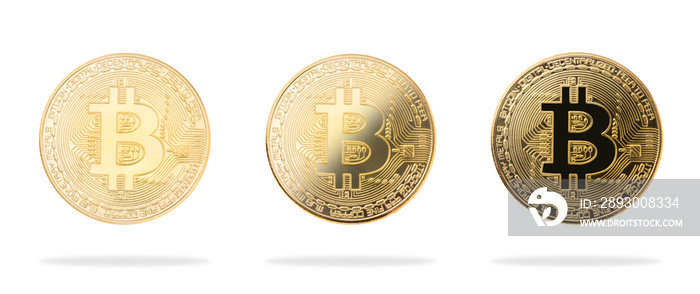 三种风格的金色比特币，数字货币隔离在白色背景上（此图像较大）