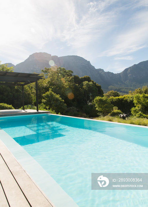 Sunny swimming pool with scenic mountain view