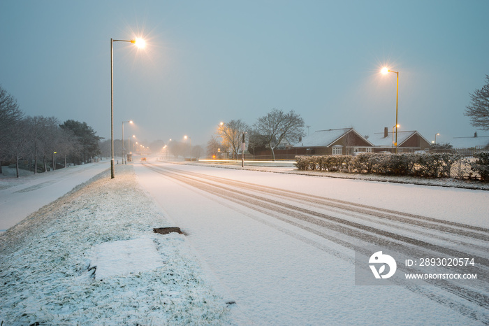 Street covered in snow in Stevenage, England