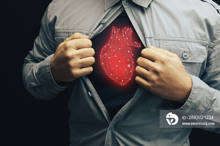 Business man in shirt with a picture neon red heart innovative technologies.