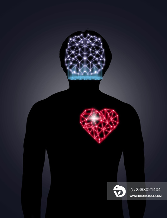 人体轮廓与多边形大脑和心脏的技术线和点，科学他