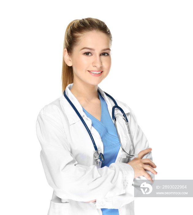 Female doctor with stethoscope on white background