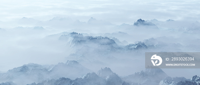 Aerial of rough steep snowy mountains in fog.