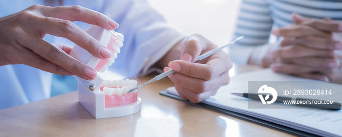 牙医使用牙齿模型义齿和expl向患者展示和解释牙齿疾病的治疗方法