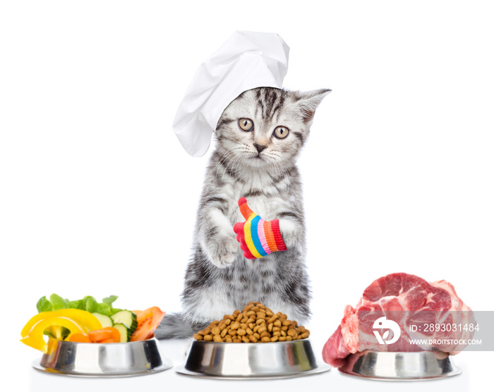 戴着厨师帽的可爱小猫站在为宠物准备食物的地方，竖起大拇指。
