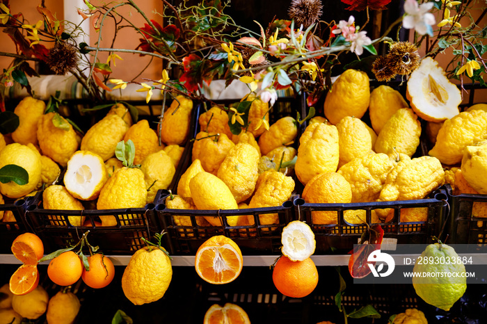 Different variety of lemons for sale. Traditional delicious Italian lemons in Taormina, Sicily, Ital