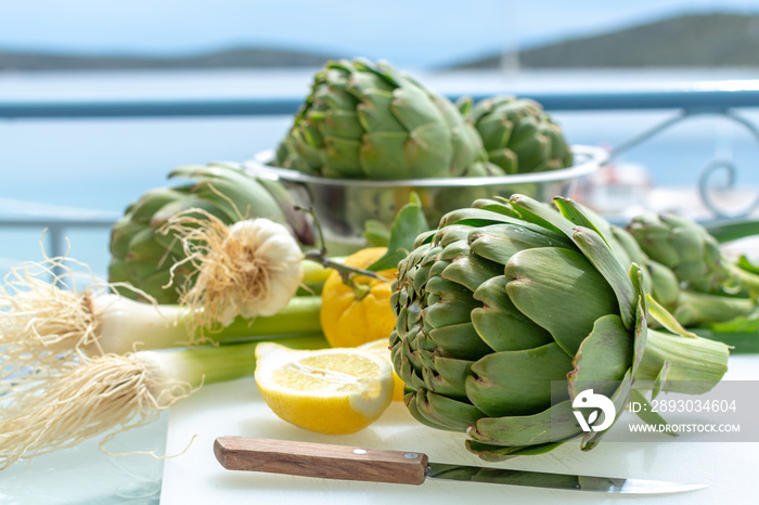 Heads flowers of fresh raw artichokes plants from artichoke plantation in Argolida, Greece ready to 