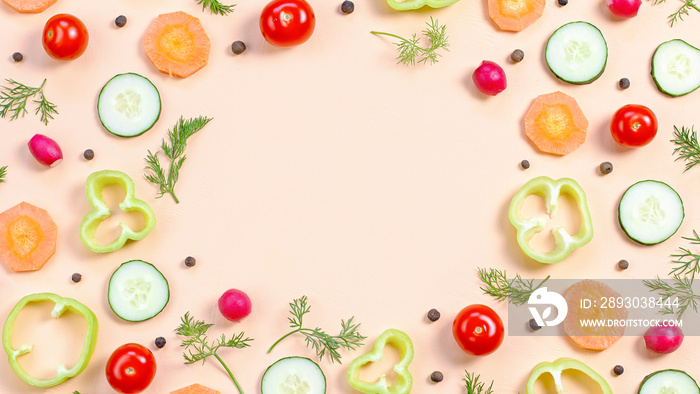 Salad ingredients layout. Food pattern with cherry tomatoes, carrot, cucumbers, radish, greens, pepp