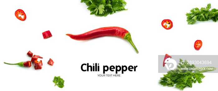 Red chili pepper on white background. Long header banner format. Panorama website header banner. Hig