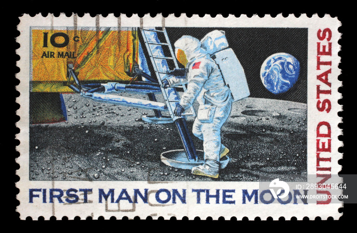 Stamp printed in USA shows Astronaut Neil Armstrong on the Moon, circa 1969