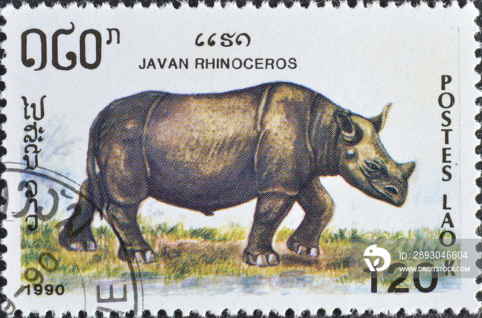 已取消老挝印制的邮票，显示爪哇犀牛（Rhinoceros sondaicus），约1