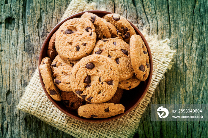 Top view and overhead shot of  chocolate chip cookies in cup