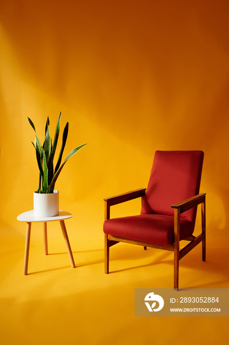 红色椅子和绿色植物，白色桌子，黄色背景