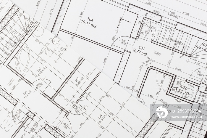 Plans of building. Architectural project. Floor plan designed building on the drawing.