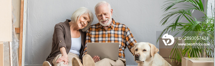 panoramic shot of happy senior couple using laptop sitting on floor and husband petting dog lying ne