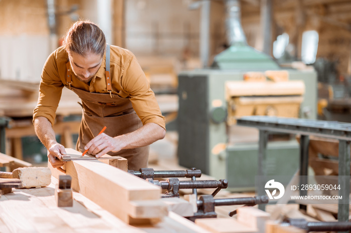 Carpenter working with a wood in the workshop