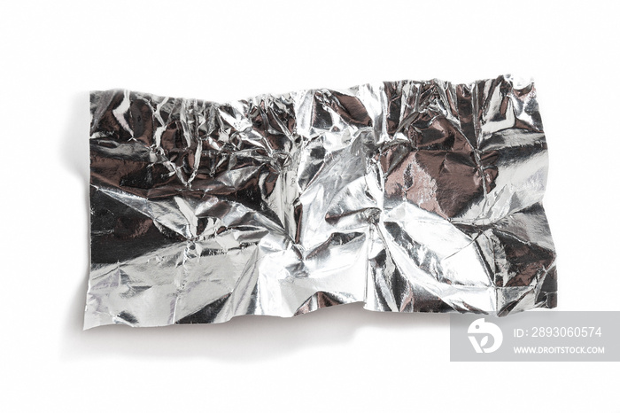 White shiny aluminum foil wrap without chocolate candy on a white background.