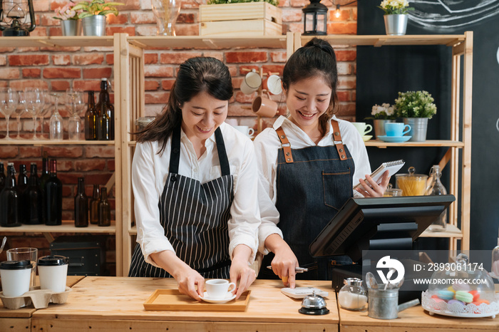 two girl barista and cashier in aprons standing and talking behind bar counter in cafe. waitress cou