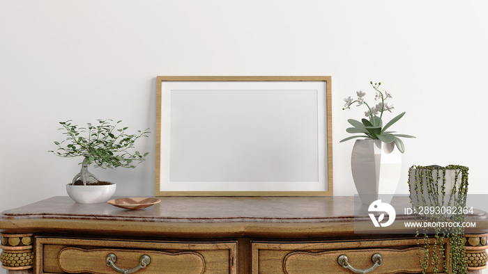Horizontal blank frame mockup in living room interior with indoor plants on empty white wall backgro