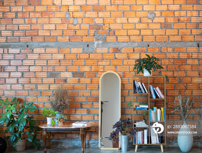 Home interior with bookshelf,houseplant on red brick background use for retro,boho,vintage,minimal,h