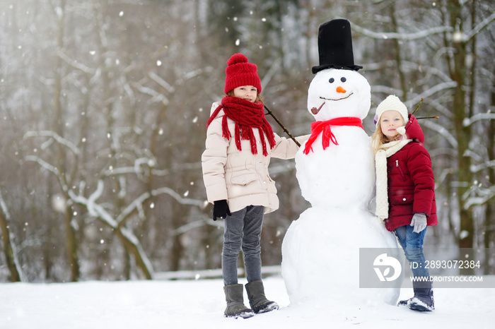 两个可爱的小女孩在美丽的冬季公园里一起堆雪人。可爱的姐妹在玩耍