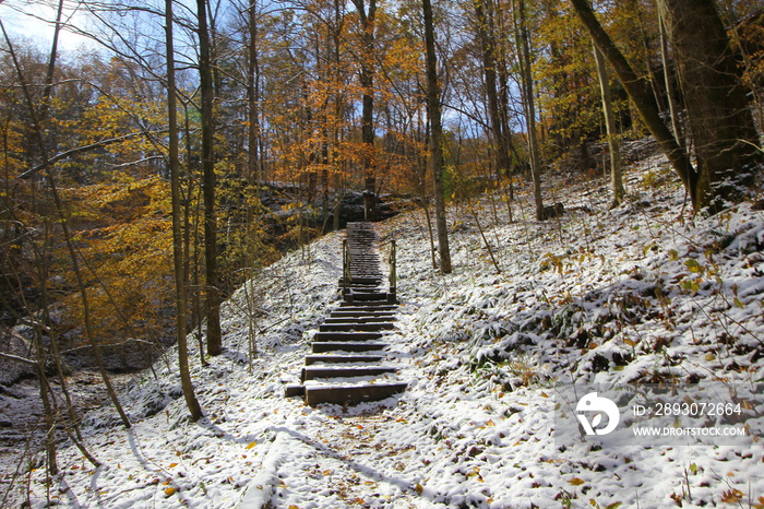 Hemlock Cliffs After a Light Snow in Autumn, Indiana