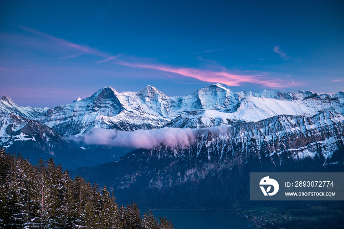 Eiger Mönch and Jungfrau during the blue hour in winter