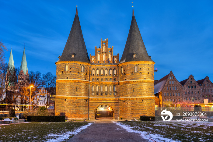 The iconic Holsten Gate in Luebeck, Germany, at night