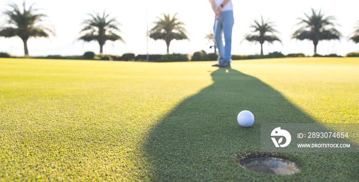 高尔夫球场草地上的高尔夫球杆和球。早晨绿色球场上的白色高尔夫球