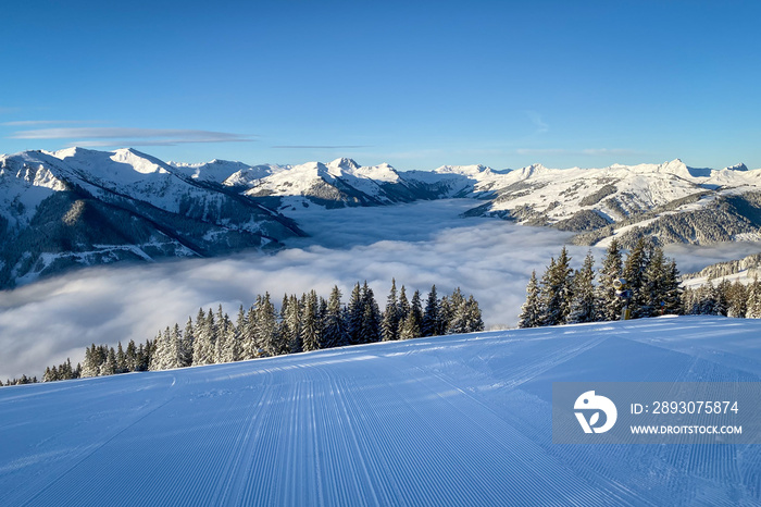 Scenic view of ski region Saalbach Hinterglemm in the Austria alps in the morning.