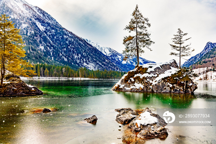 Lake Hintersee in winter with ice and snow