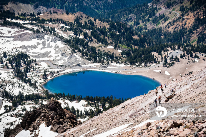 Aerial view of Lake Helen as seen from the trail to Lassen Peak; Lassen Volcanic National Park, Nort