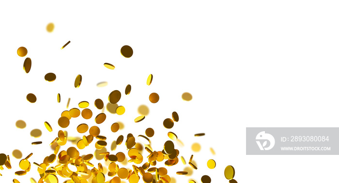 Gold coins falling on white background with copy space 3D render