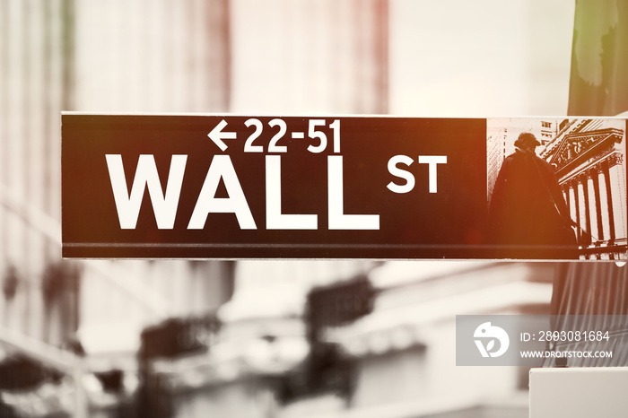 Wall street sign with the New York Stock Exchange on the background