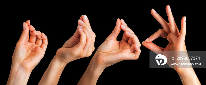 Set of woman hands holding something with two fingers