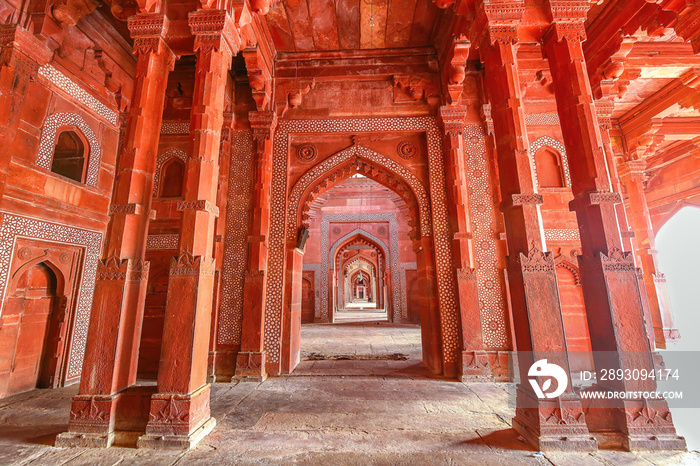 Fatehpur Sikri medieval mughal architecture built of red sandstone with intricate ancient wall art a