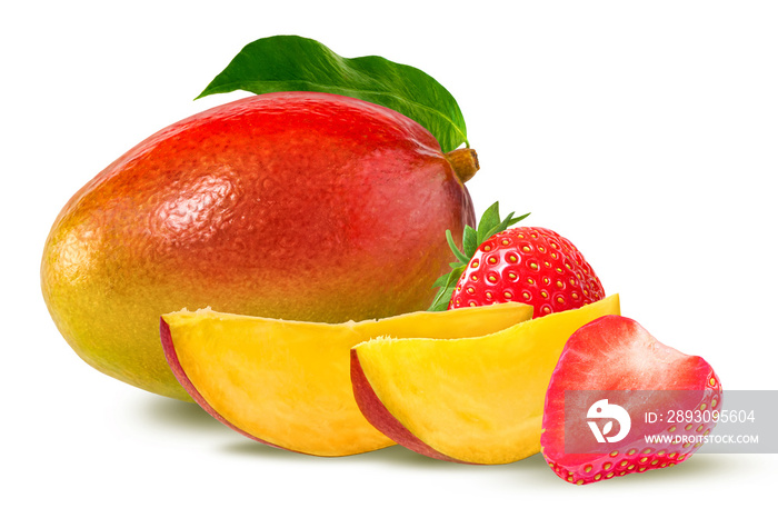 Strawberry with mango isolated on white. Perfect composition with ripe mango and and juicy strawberr