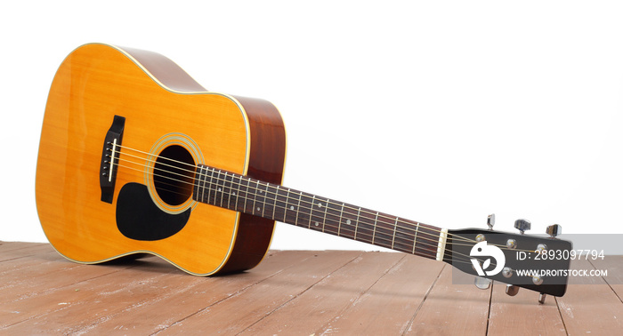 Musical instrument - Classic acoustic guitar wood and white background