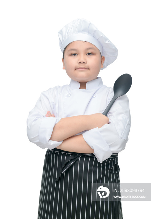 Portrait of cute boy chef hold spoon with cook hat