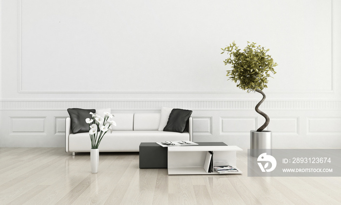 现代沙发的3d渲染在白色客厅内部