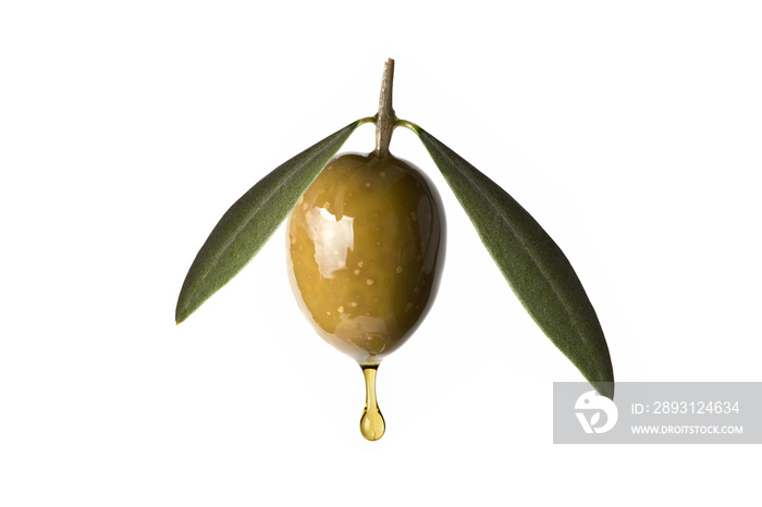 Aceituna con hojas goteando aceite de oliva